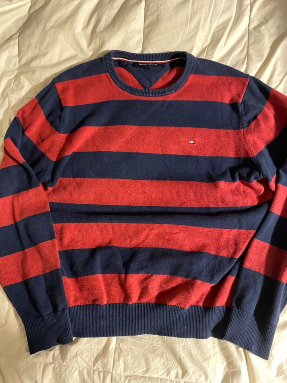 Tommy Hilfiger Men’s Red and Navy Horizontal Stripe Crewneck Sweater